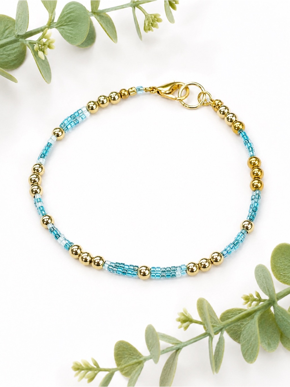 Gold & Aqua Bead Delicate Bracelet - handcrafted